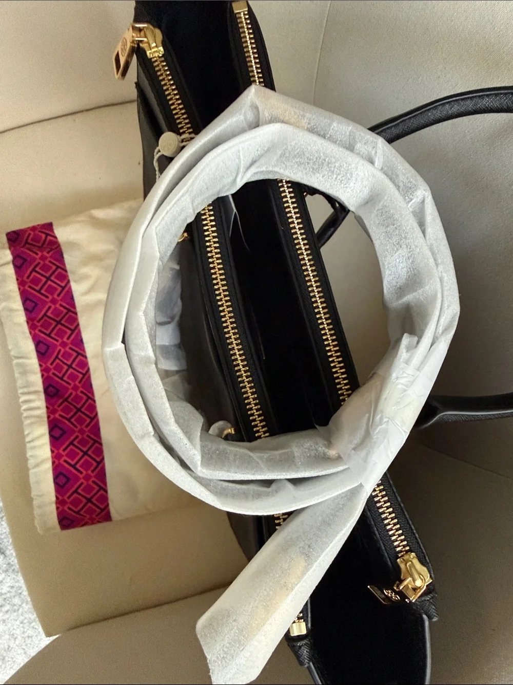 Tory Burch Black Saffiano Tote with Gold Logo Hardware